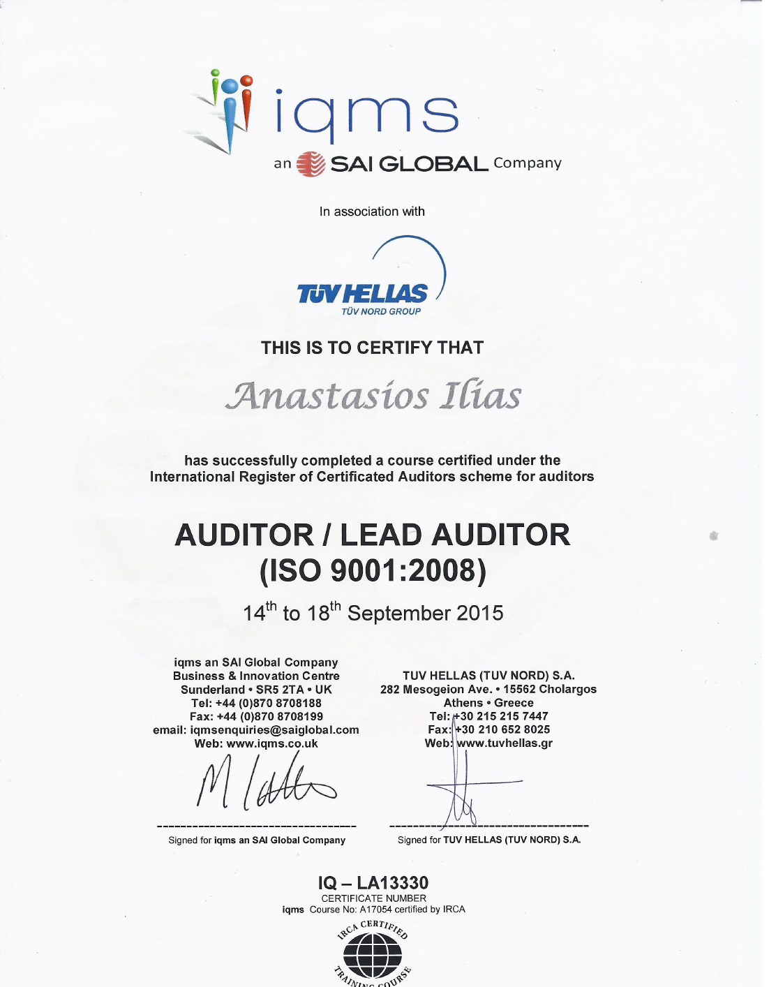 Certified Auditor / Lead Auditor ISO 9001:2008